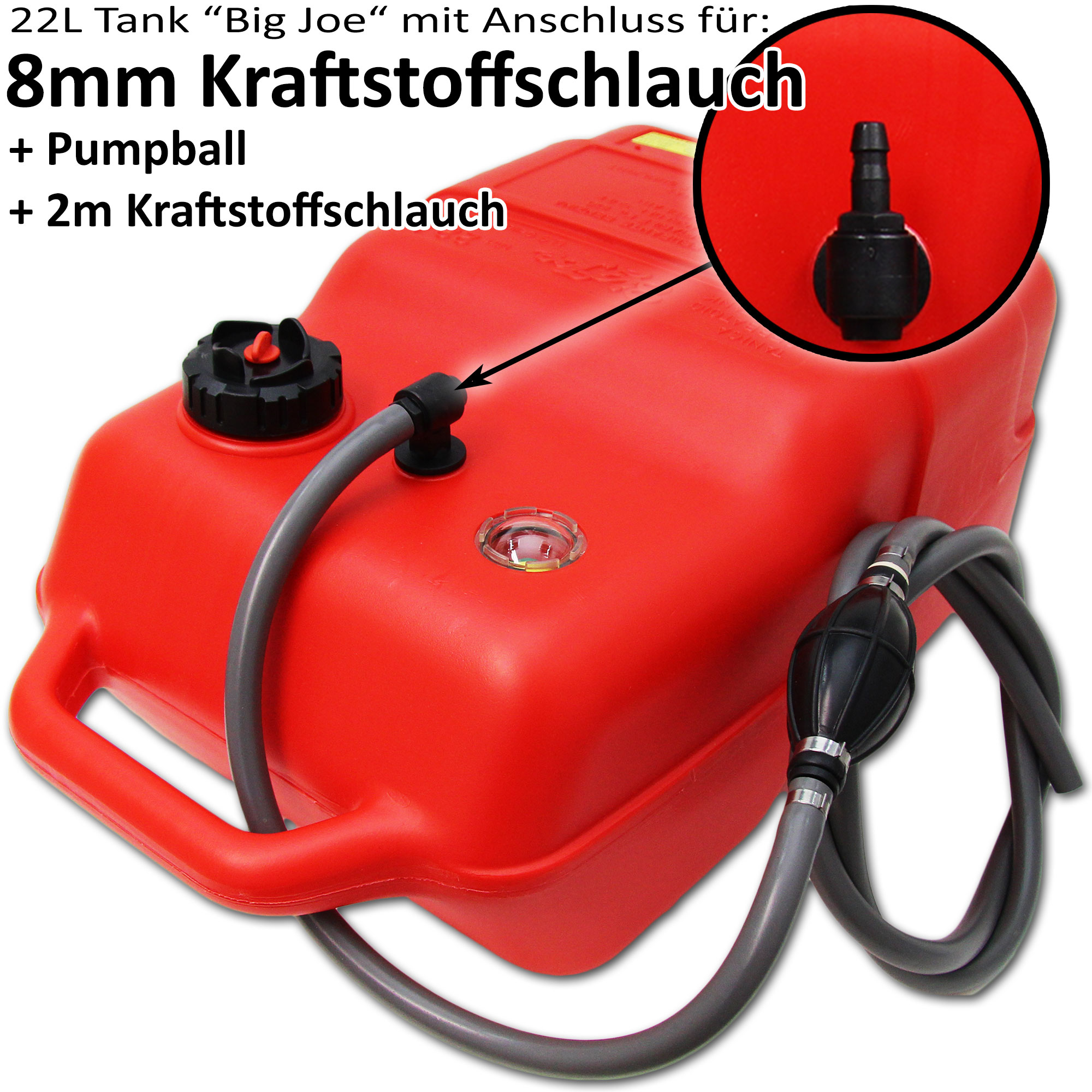 Kraftstofftank rot / Anschlussnippel (8mm) / 2m Schlauch / Füllstandsanzeige manuell