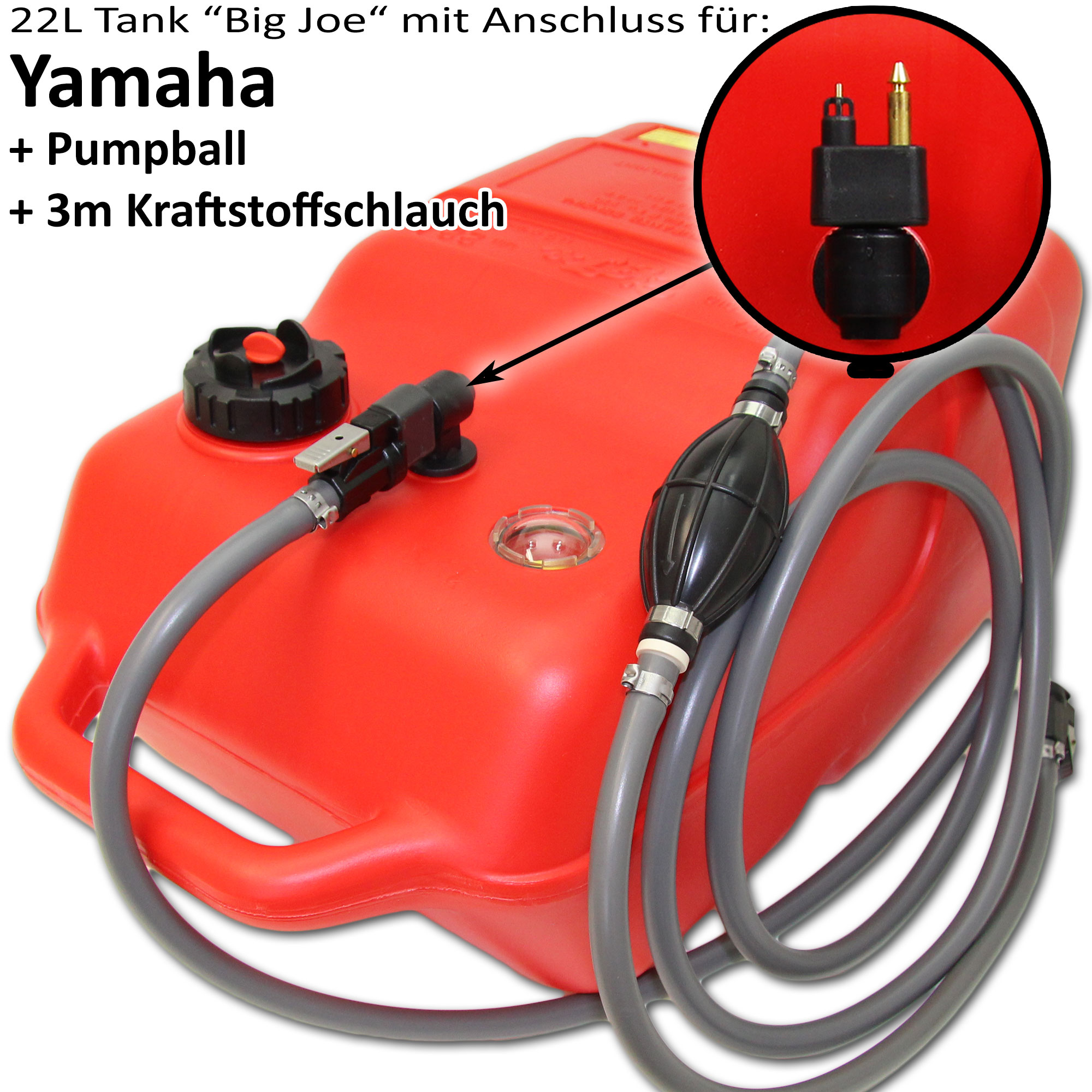 Kraftstofftank rot mit Yamaha Anschluss / 3m Schlauch / Füllstandsanzeige manuell