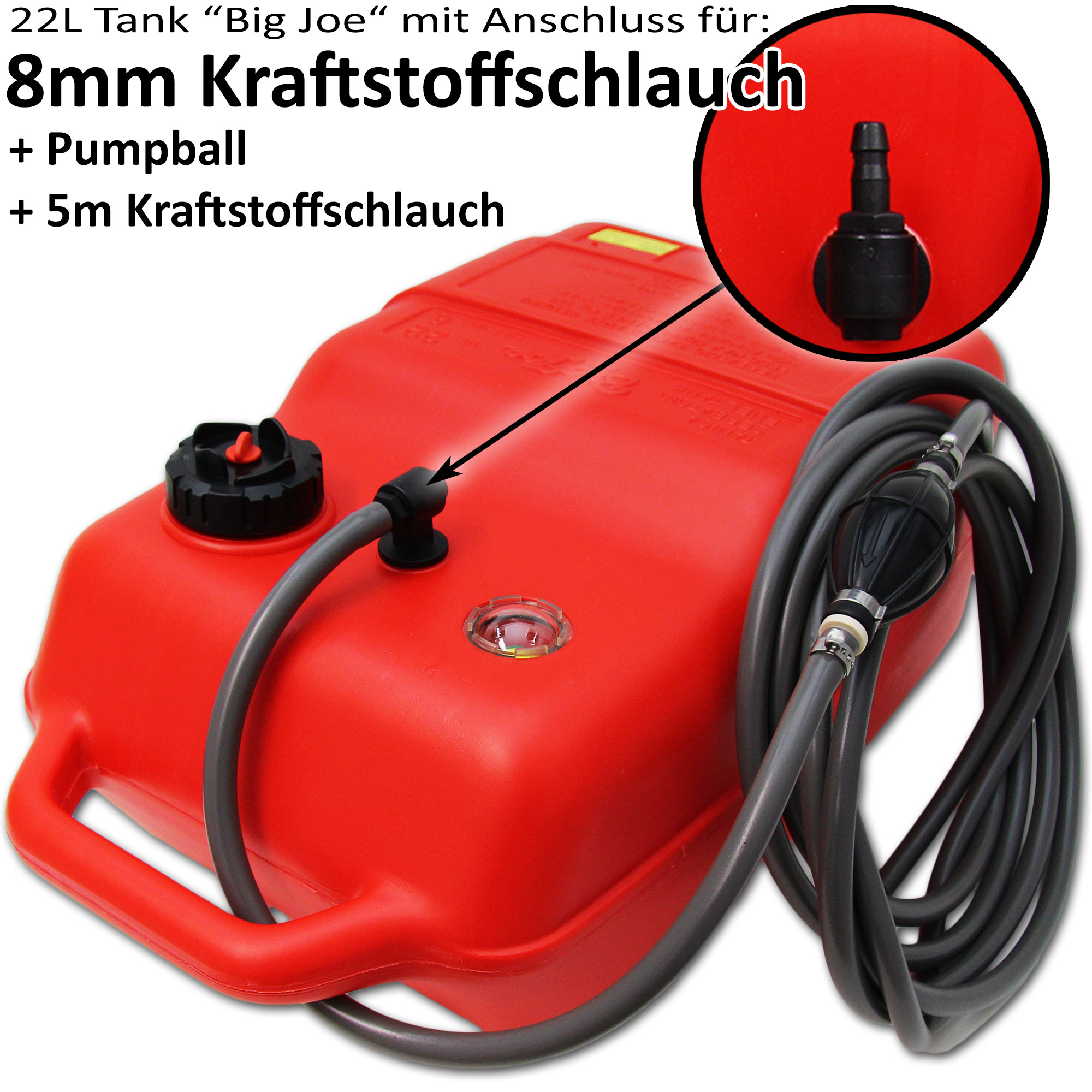 Kraftstofftank rot / Anschlussnippel (8mm) / 5m Schlauch / Füllstandsanzeige manuell