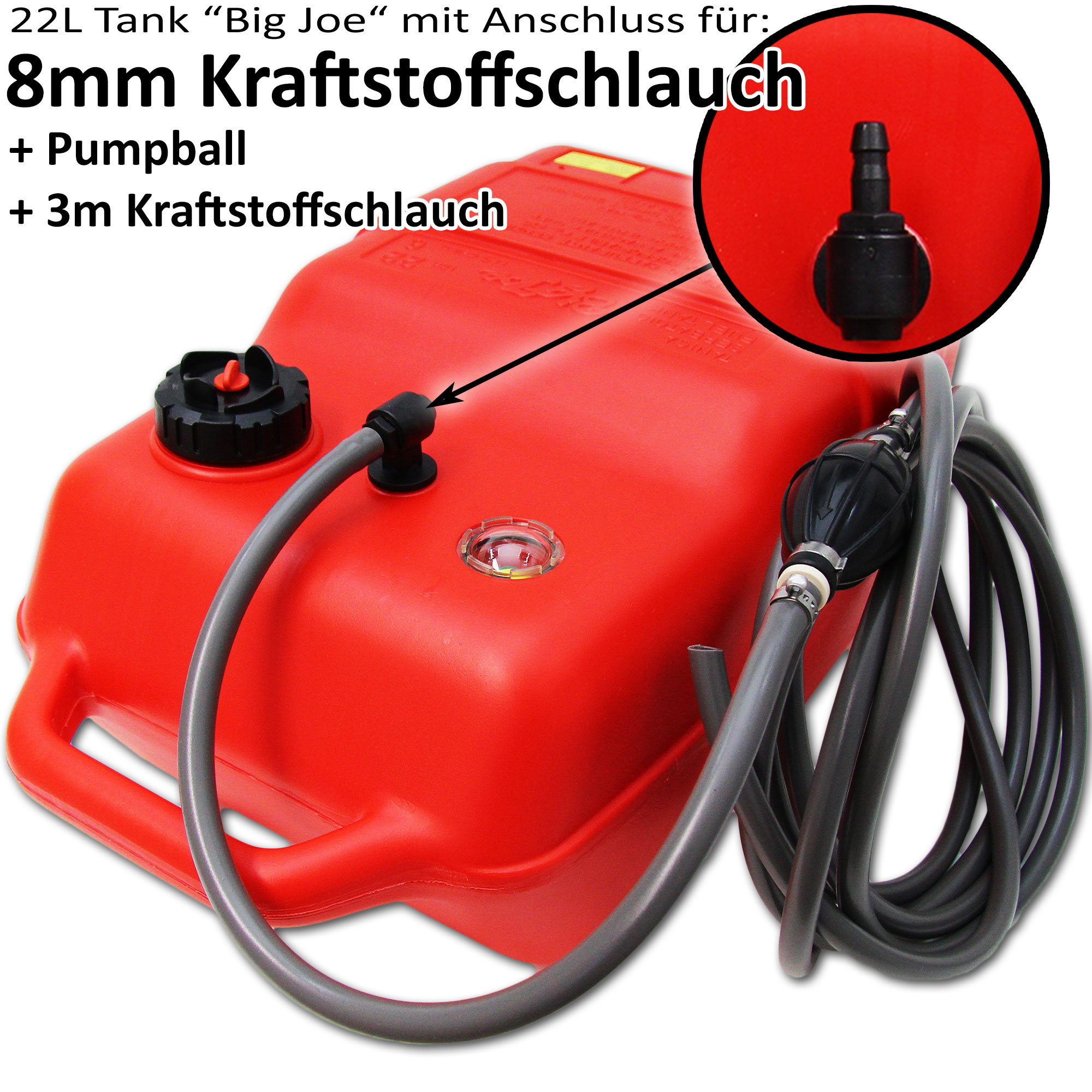 Kraftstofftank rot / Anschlussnippel (8mm) / 3m Schlauch / Füllstandsanzeige manuell
